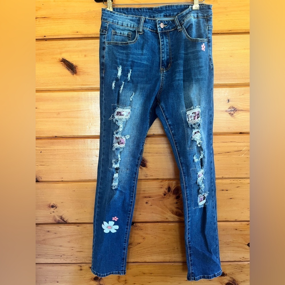 Blue Daisy Patches Stretch Denim Jeans L